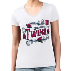 Minnesota Twins G-III 4Her by Carl Banks Women's Super-Slim Fit Lightweight Retro Roses V-Neck T-Shirt - White - MLB Sale