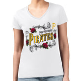 Pittsburgh Pirates G-III 4Her by Carl Banks Women's Super-Slim Fit Lightweight Retro Roses V-Neck T-Shirt - White - MLB Lifestyle