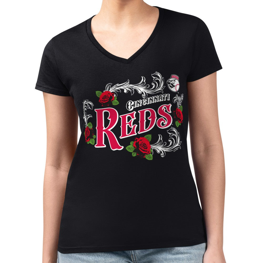 Cincinnati Reds G-III 4Her by Carl Banks Women's Super-Slim Fit Lightweight Retro Roses V-Neck T-Shirt - Black - MLB on Sale