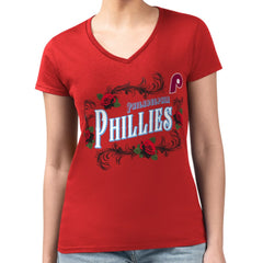 Philadelphia Phillies G-III 4Her by Carl Banks Women's Super-Slim Fit Lightweight Retro Roses V-Neck T-Shirt - Red - MLB Lifestyle