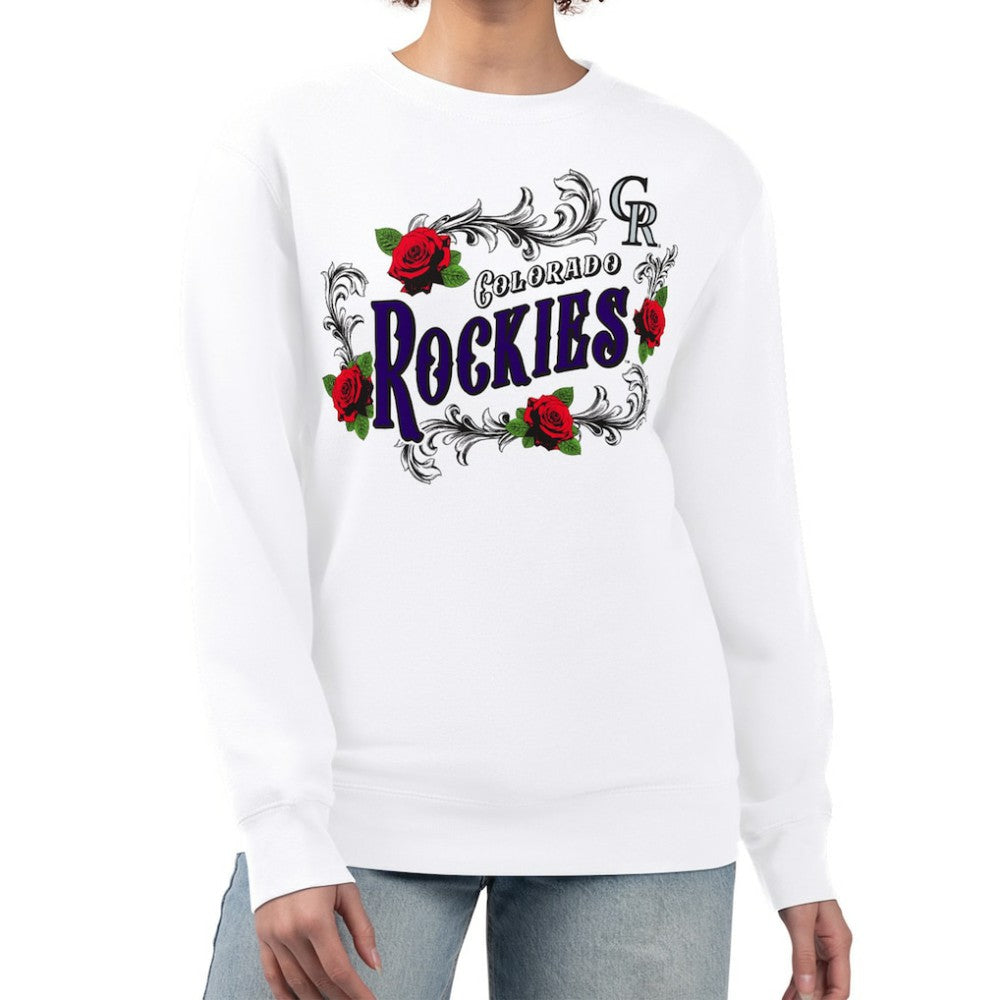 Colorado Rockies G-III 4Her by Carl Banks Women's Retro Roses Fleece Pullover Sweatshirt - White - MLB Online