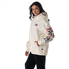 Kansas City Chiefs The Wild Collective Unisex Stacked Graphic Sleeve Fleece Hoodie Cream