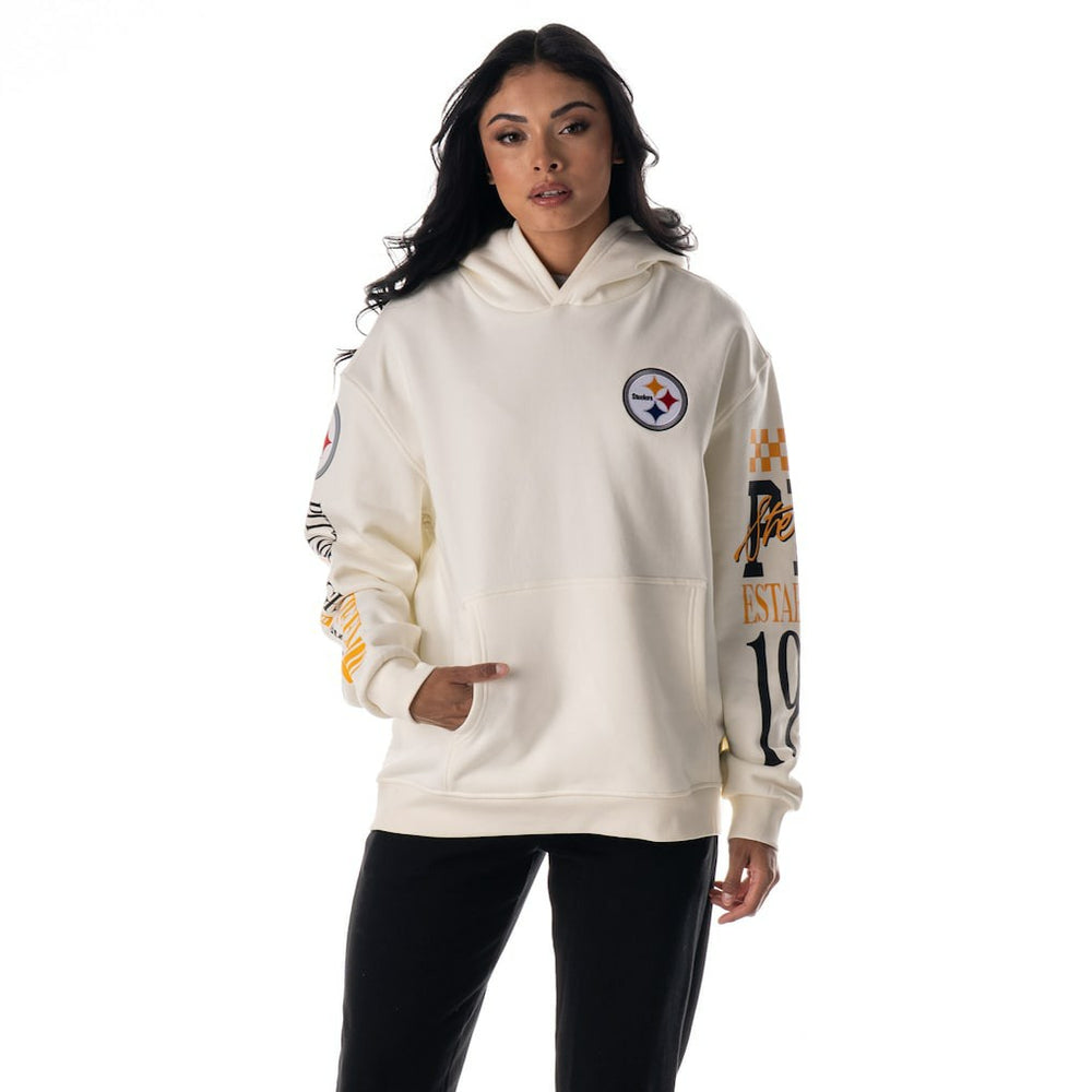 Pittsburgh Steelers The Wild Collective Unisex Stacked Graphic Sleeve Fleece Hoodie Cream