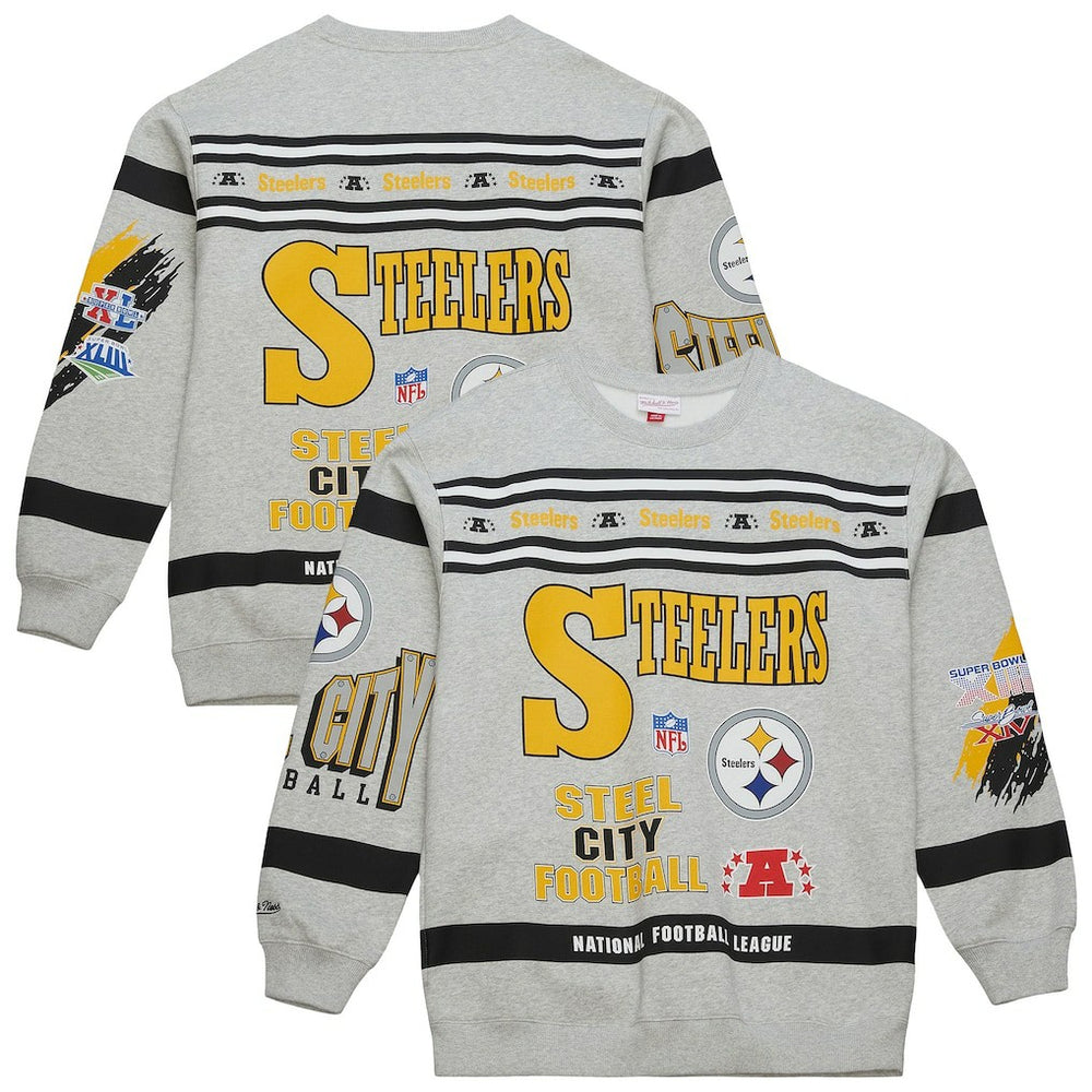 Mitchell & Ness Pittsburgh Steelers All Over Print Vintage Fleece Crewneck Sweatshirt Heather Gray