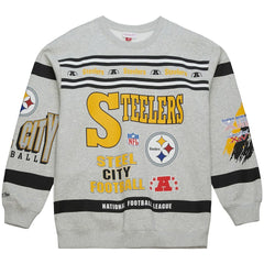 Mitchell & Ness Pittsburgh Steelers All Over Print Vintage Fleece Crewneck Sweatshirt Heather Gray