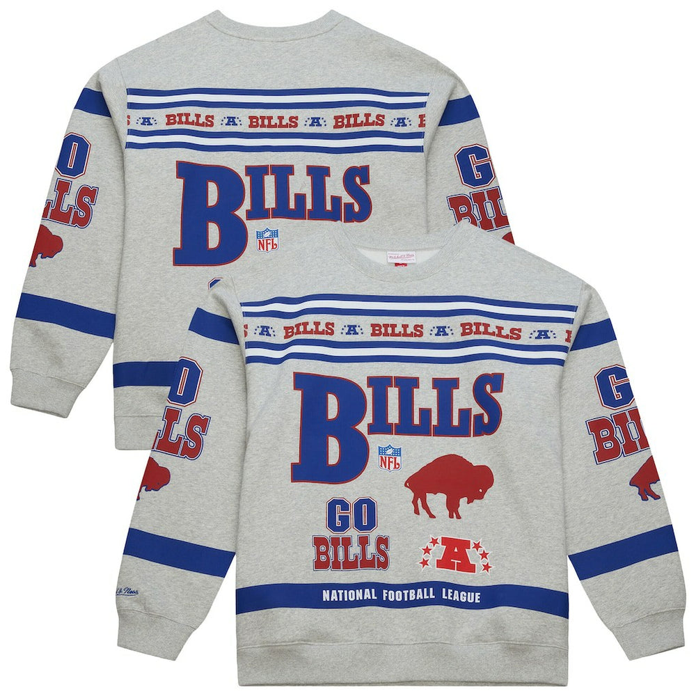 Mitchell & Ness Buffalo Bills All Over Print Vintage Fleece Crewneck Sweatshirt Heather Gray