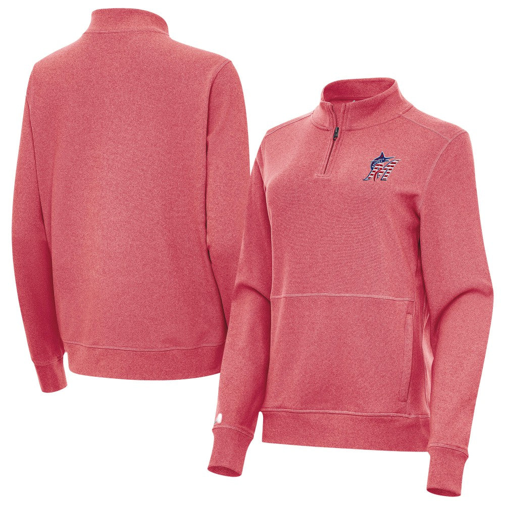 Miami Marlins Antigua Women's Crush Stars and Stripes Team Logo Quarter-Zip Pullover Top - Heather Red - MLB Online