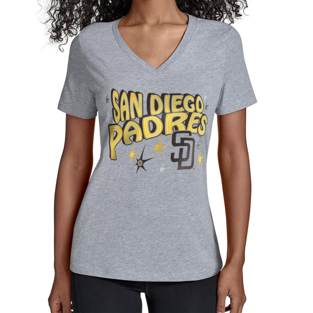 San Diego Padres Starter Women's Fireworks V-Neck T-Shirt - Gray - MLB Lifestyle