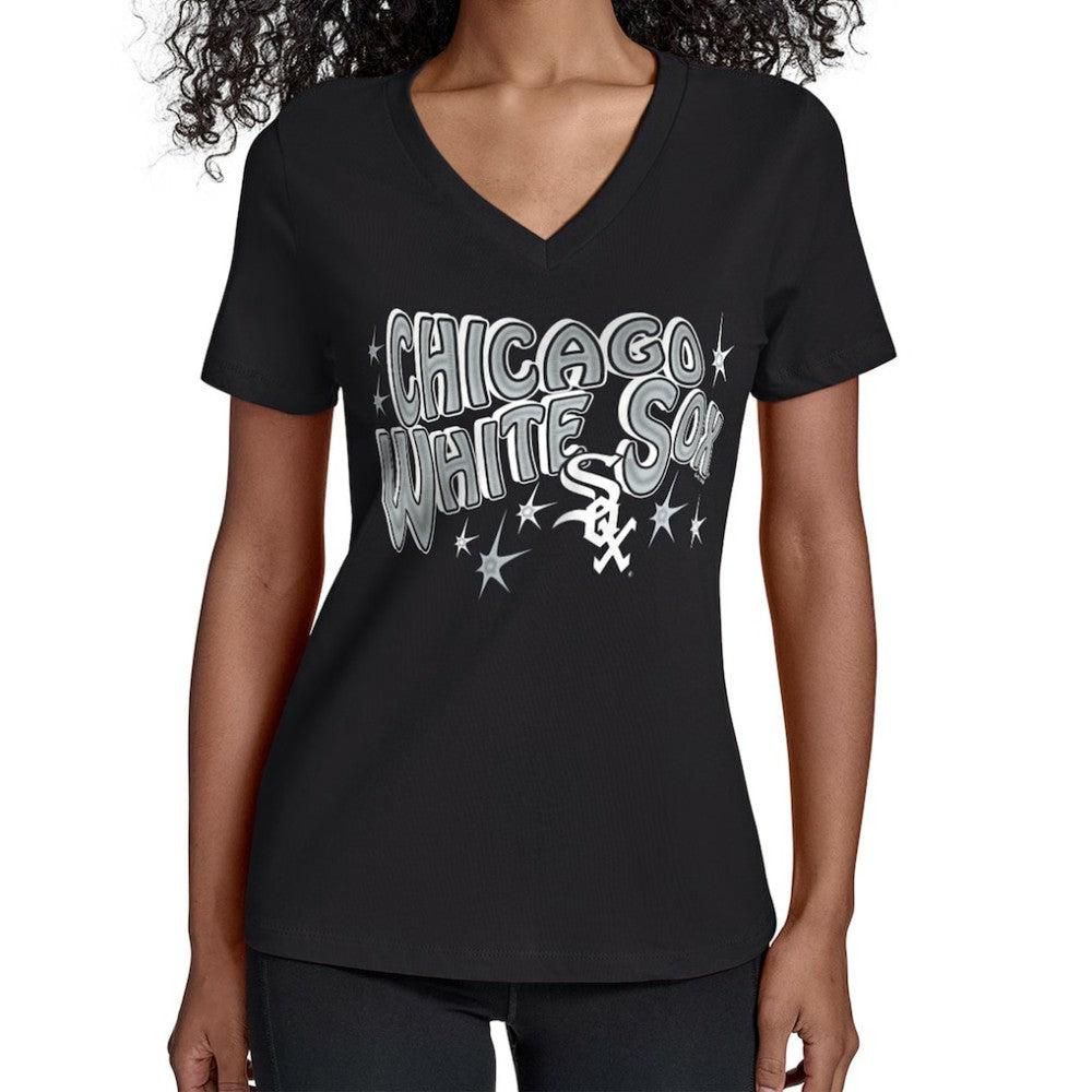Chicago White Sox Starter Women's Fireworks V-Neck T-Shirt - Black - MLB Discount