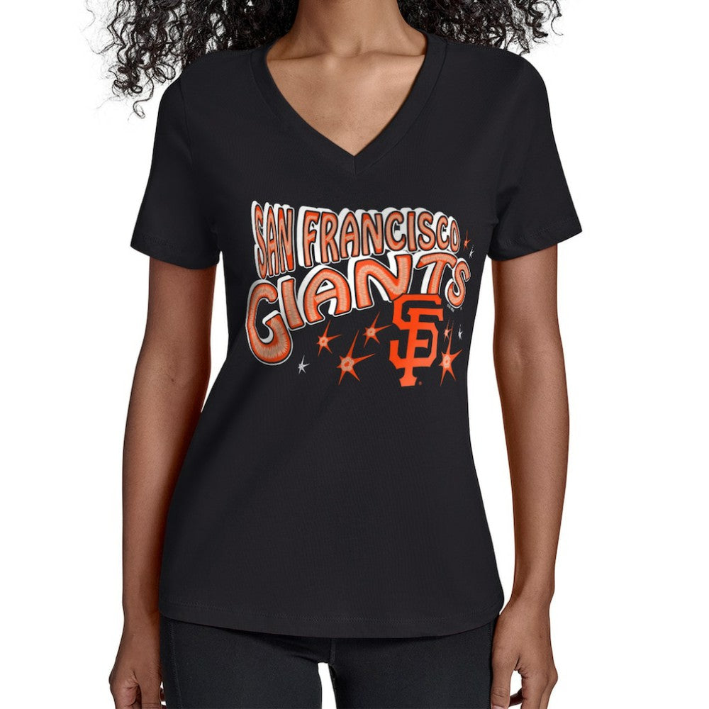 San Francisco Giants Starter Women's Fireworks V-Neck T-Shirt - Black - MLB Discount