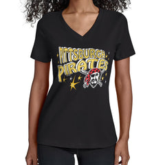 Pittsburgh Pirates Starter Women's Fireworks V-Neck T-Shirt - Black - MLB Discount