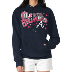 Atlanta Braves Starter Women's Fireworks Fleece Tri-Blend Pullover Hoodie - Navy - MLB on Sale