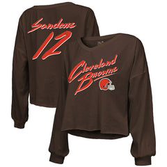 Shedeur Sanders Cleveland Browns Majestic Threads Women's Name & Number Off-Shoulder Script Cropped Long Sleeve Relaxed V-Neck T-Shirt Brown