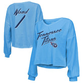 Cameron Ward Tennessee Titans Majestic Threads Women's Name & Number Off-Shoulder Script Cropped Long Sleeve Relaxed V-Neck T-Shirt Light Blue