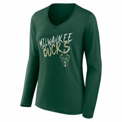 Milwaukee Bucks Women's Hustle Custom Long Sleeve V-Neck T-Shirt Hunter Green