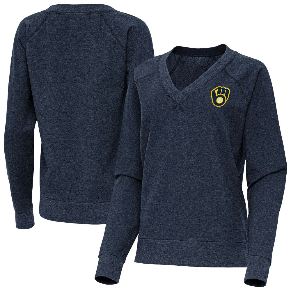 Milwaukee Brewers Antigua Women's Varsity Tri-Blend V-Neck Long Sleeve T-Shirt - Heather Navy - MLB Sale