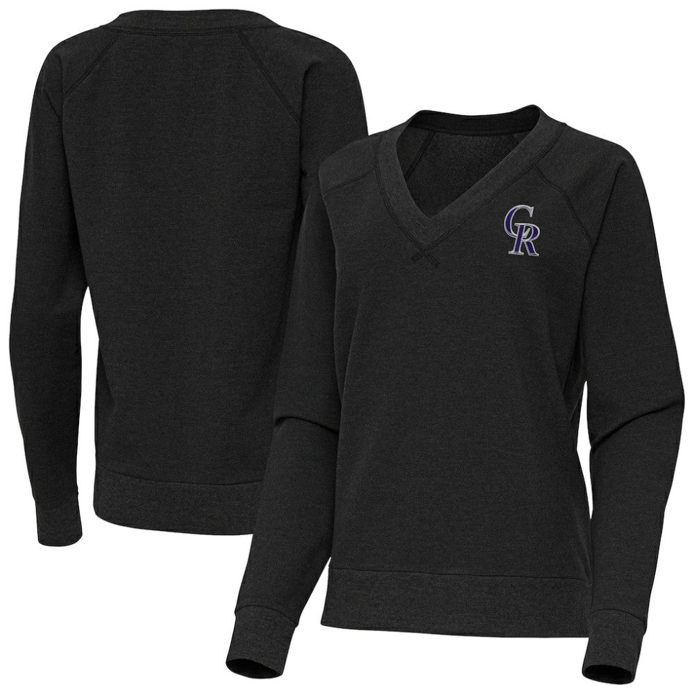 Colorado Rockies Antigua Women's Varsity Tri-Blend V-Neck Long Sleeve T-Shirt - Heather Black - MLB Discount