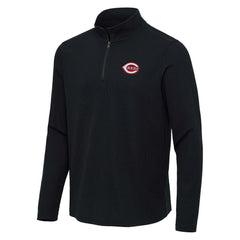 Cincinnati Reds Antigua Sync Tri-Blend Quarter-Zip Pullover - Heather Black - MLB Discount