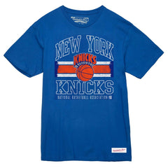 New York Knicks Striped Logo Lockup Premium T-Shirt Royal | Mitchell & Ness online
