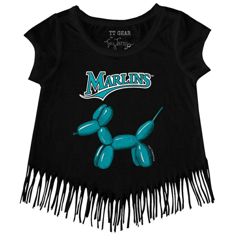 Miami Marlins Tiny Turnip Girls Youth Balloon Dog Fringe T-Shirt - Black - MLB Lifestyle