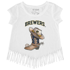Milwaukee Brewers Tiny Turnip Girls Youth Cowboy Boot Fringe T-Shirt - White - MLB Discount