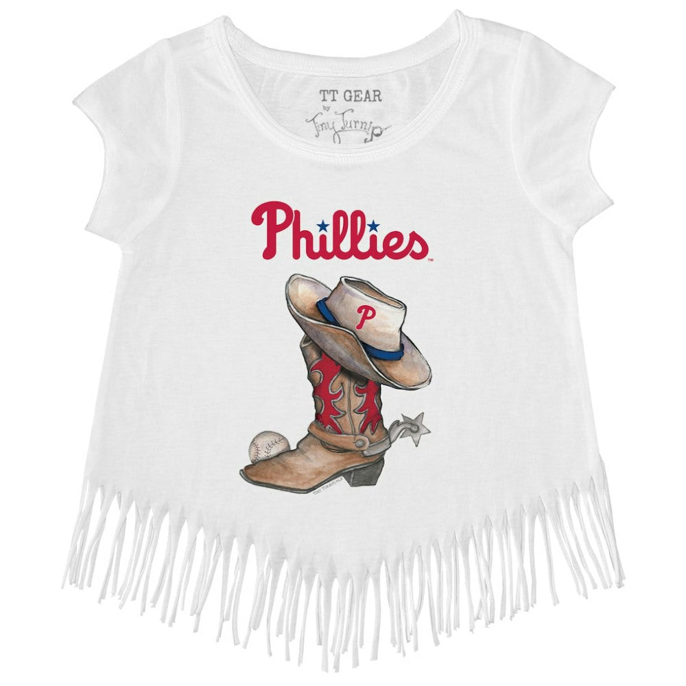 Philadelphia Phillies Tiny Turnip Girls Youth Cowboy Boot Fringe T-Shirt - White - MLB Lifestyle