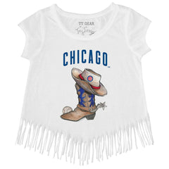 Chicago Cubs Tiny Turnip Girls Youth Cowboy Boot Fringe T-Shirt - White - MLB Discount
