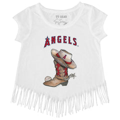 Los Angeles Angels Tiny Turnip Girls Youth Cowboy Boot Fringe T-Shirt - White - MLB on Sale