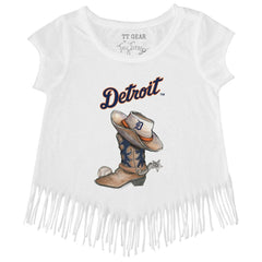 Detroit Tigers Tiny Turnip Girls Youth Cowboy Boot Fringe T-Shirt - White - MLB on Sale