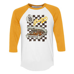 San Diego Padres Tiny Turnip Women's Pizza 3/4-Sleeve Raglan Baseball T-Shirt - White/Gold - MLB Sale