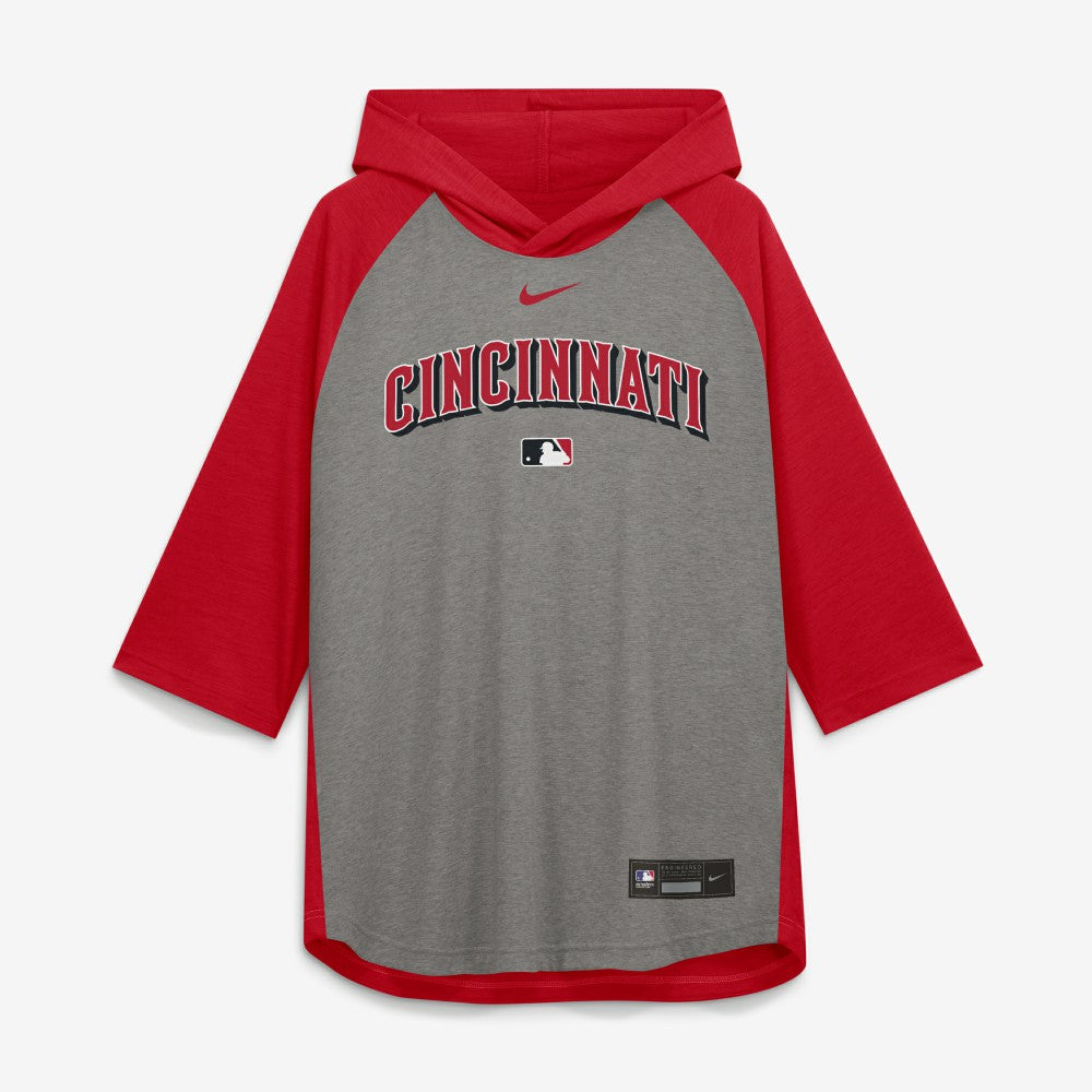 Cincinnati Reds Nike Authentic Collection Flux Dri-FIT Raglan 3/4-Sleeve Hooded T-Shirt - Gray - Nike on Sale