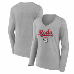 Cincinnati Reds Women's Team Lockup Long Sleeve V-Neck T-Shirt - Gray - MLB Sale