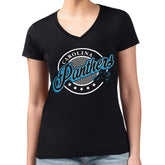Carolina Panthers G-III 4Her by Carl Banks Women's Super-Slim Fit Lightweight Pinstripe Circle V-Neck T-Shirt Black