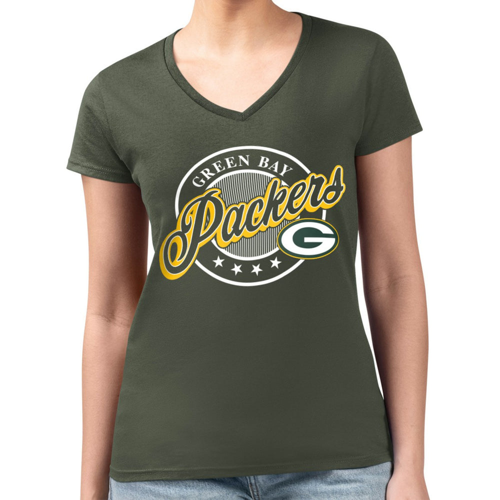 Green Bay Packers G-III 4Her by Carl Banks Women's Super-Slim Fit Lightweight Pinstripe Circle V-Neck T-Shirt Green