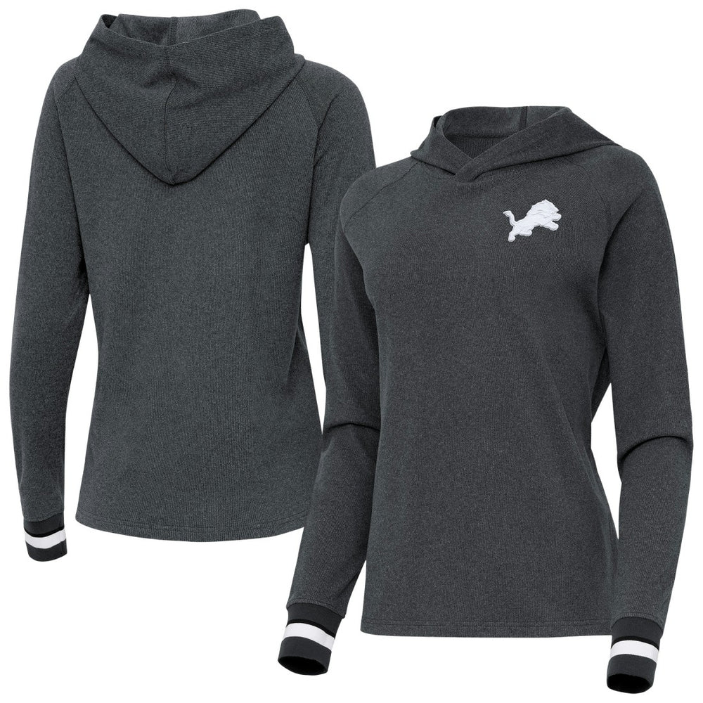 Detroit Lions Antigua Women's Trek Raglan Pullover Hoodie Heather Charcoal