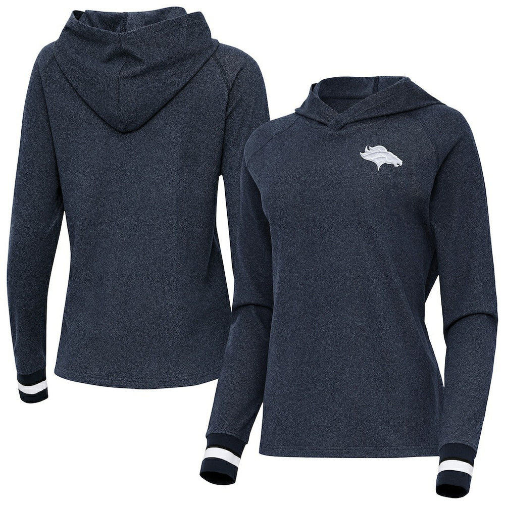Denver Broncos Antigua Women's Trek Raglan Pullover Hoodie Heather Navy