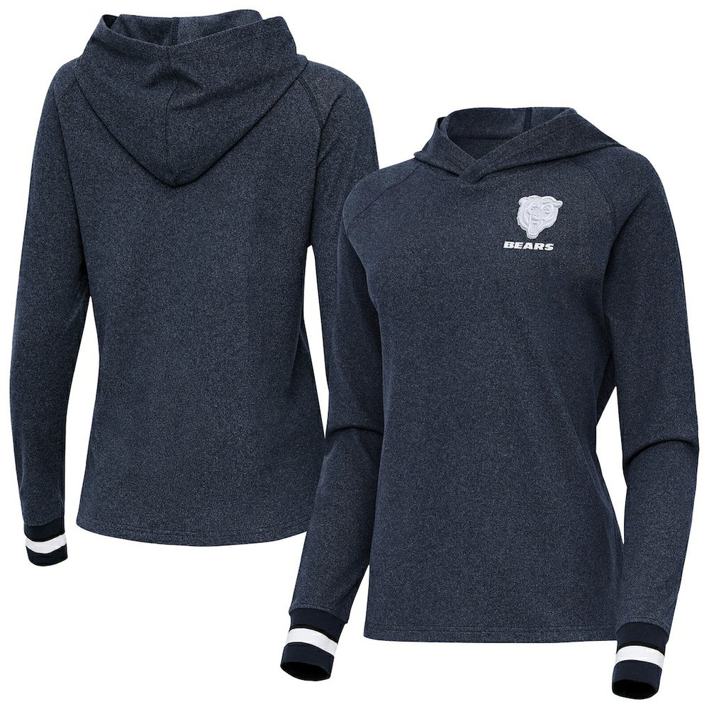 Chicago Bears Antigua Women's Trek Raglan Pullover Hoodie Heather Navy