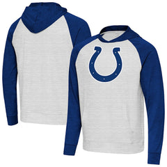 Indianapolis Colts Antigua Urgent Raglan Pullover Hoodie Heather Gray/Heather Royal