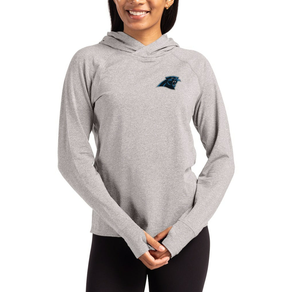 Carolina Panthers Cutter & Buck Women's Primary Logo Adapt Knit Recycled Raglan Pullover Hoodie Heather Gray
