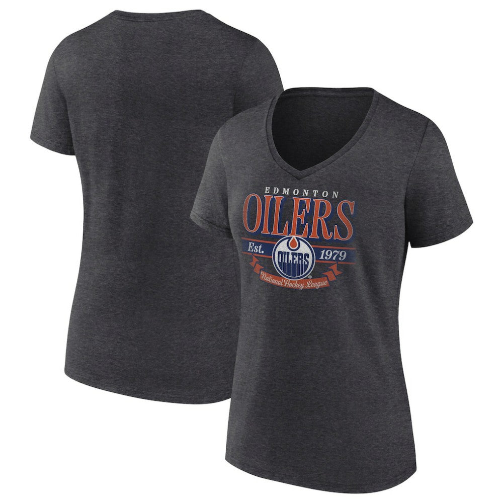 Edmonton Oilers Women's Retro Banner V-Neck T-Shirt - Charcoal - NHL 203175582