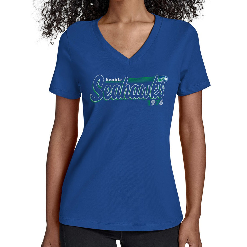 Seattle Seahawks Starter Women's Throwback Groovy Script V-Neck T-Shirt Royal