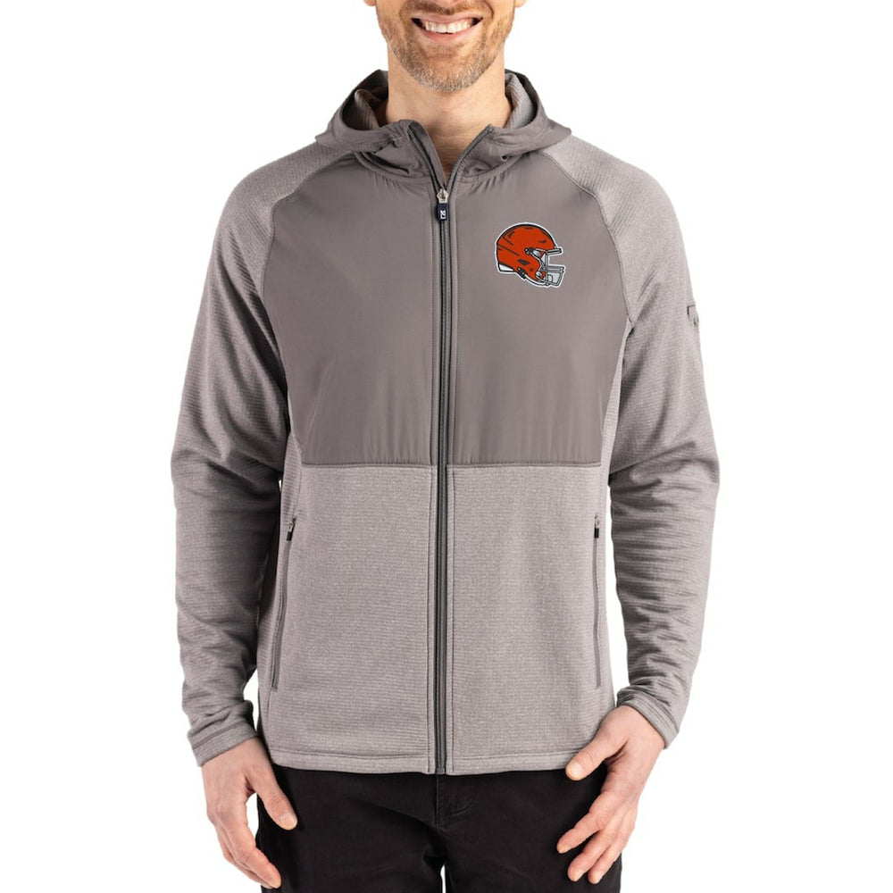 Cleveland Browns Cutter & Buck Peshastin Eco Fleece Recycled Raglan Full-Zip Tri-Blend Hybrid Jacket Heather Gray