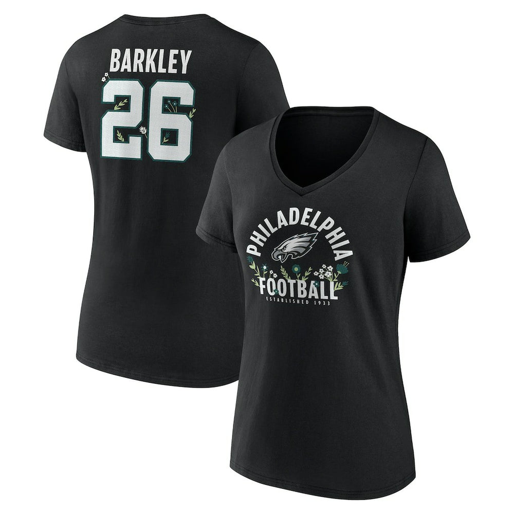 Saquon Barkley Philadelphia Eagles Women's Floral Name & Number V-Neck T-Shirt Black
