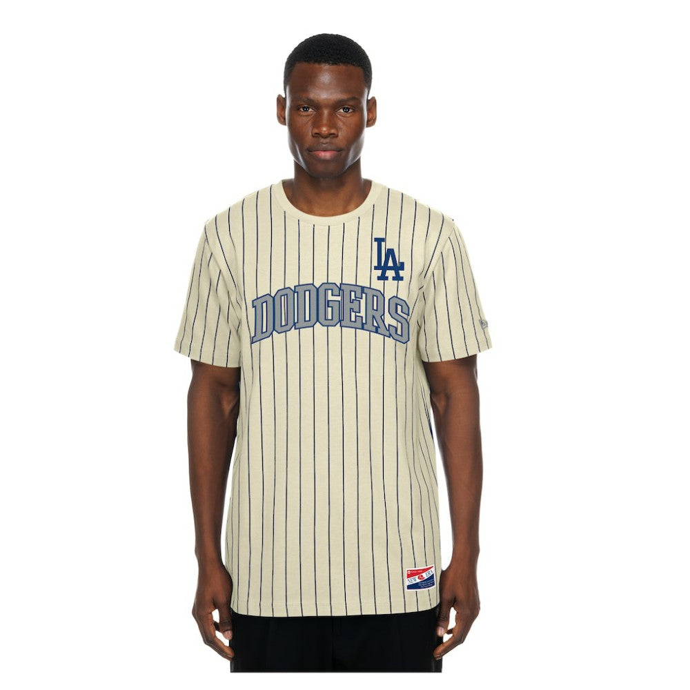 Los Angeles Dodgers New Era Throwback Meshback Pinstripe T-Shirt - Cream - New Era Sale