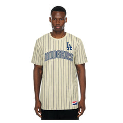Los Angeles Dodgers New Era Throwback Meshback Pinstripe T-Shirt - Cream - New Era Sale