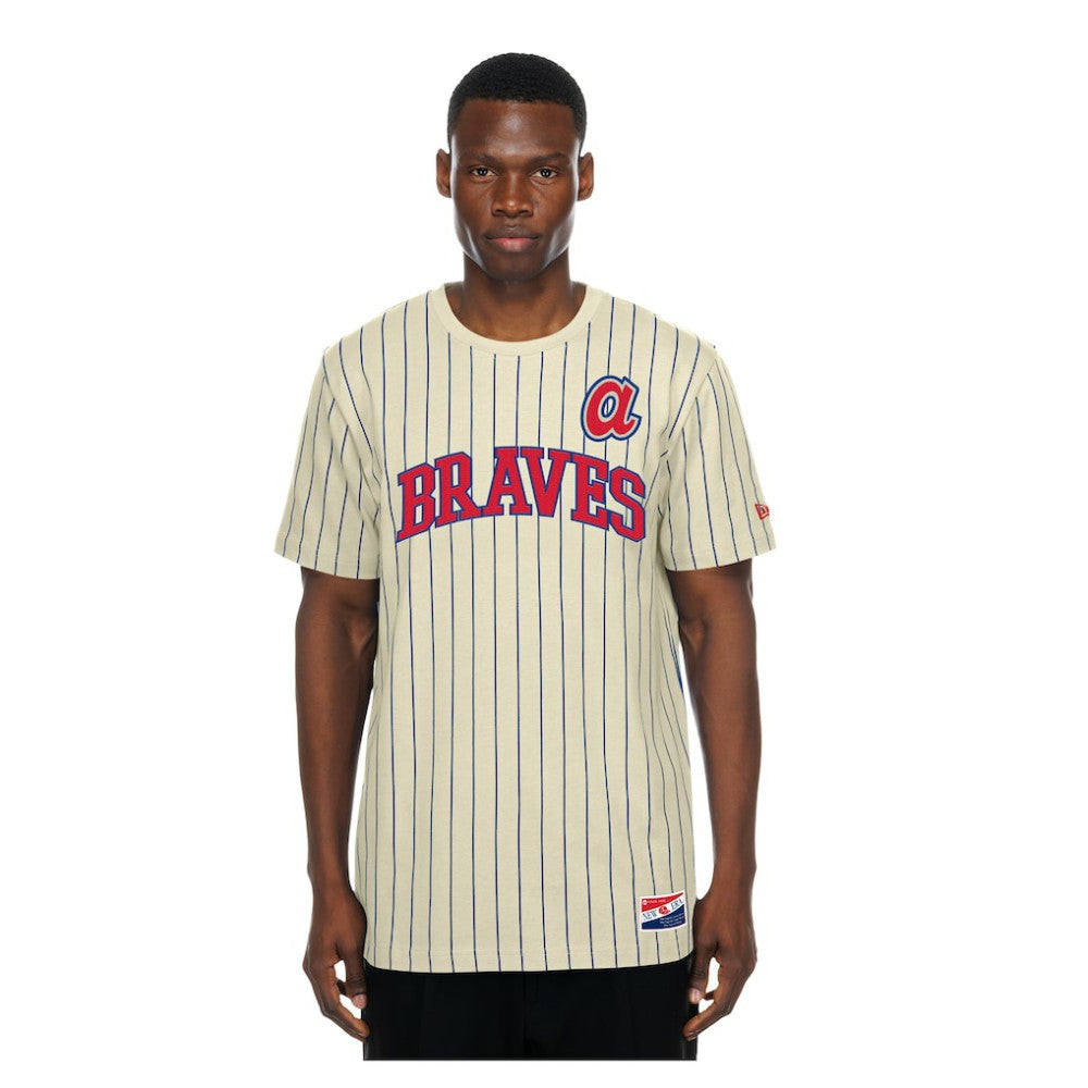 Atlanta Braves New Era Throwback Meshback Pinstripe T-Shirt - Cream - New Era Sale