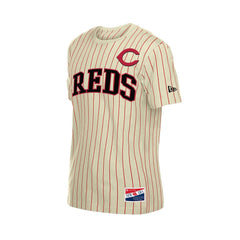 Cincinnati Reds New Era Throwback Meshback Pinstripe T-Shirt - Cream - New Era Lifestyle