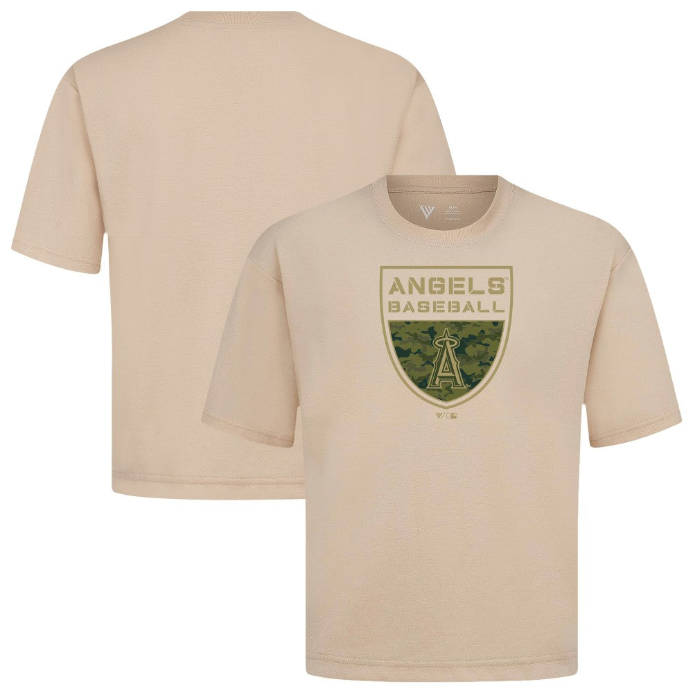 Los Angeles Angels Levelwear Oversized Luxe Signature Knit Buckler T-Shirt - Khaki - MLB Lifestyle