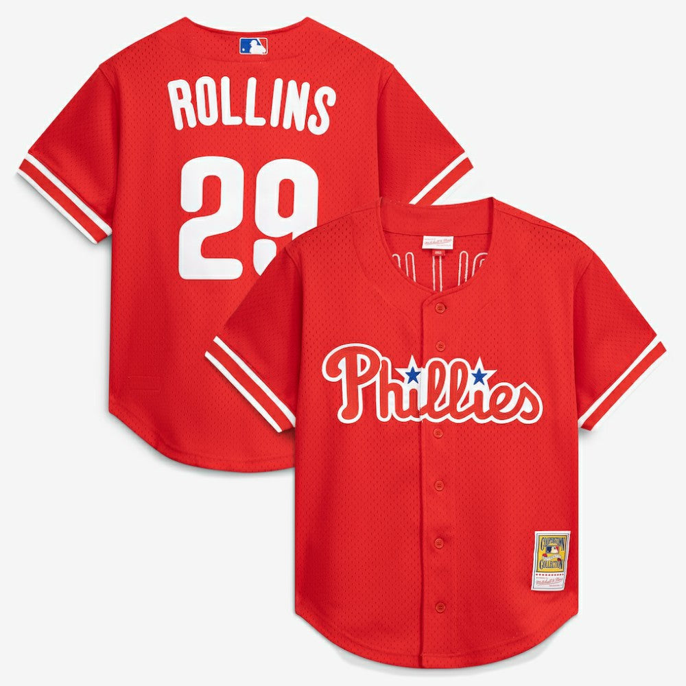 Jimmy Rollins Philadelphia Phillies Mitchell & Ness Cooperstown Mesh Batting Practice Button-Up Jersey - Red - Mitchell & Ness Lifestyle