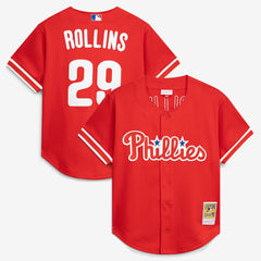 Jimmy Rollins Philadelphia Phillies Mitchell & Ness Cooperstown Mesh Batting Practice Button-Up Jersey - Red - Mitchell & Ness Lifestyle